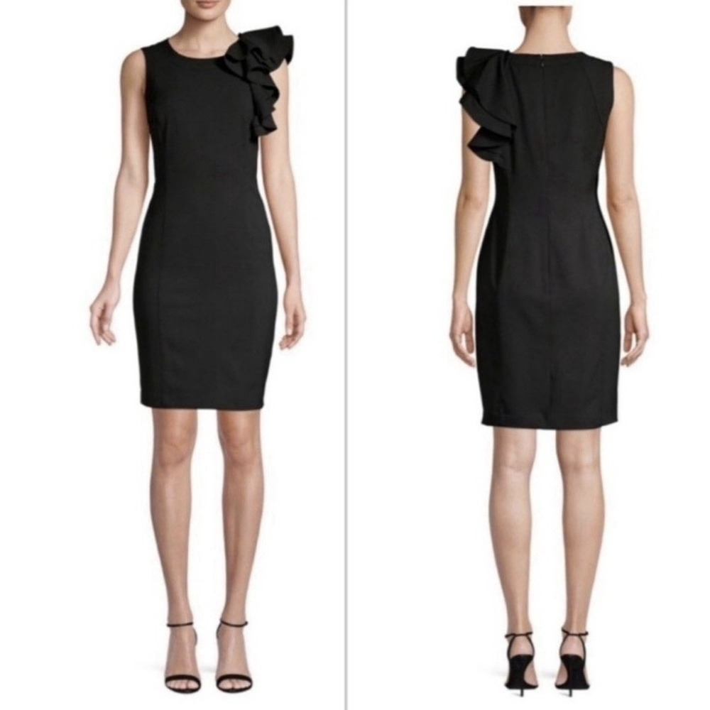 Calvin Klein Women's Black Ruffle Shoulder Sleeveless Sheath Dress‎ 14 New $138
